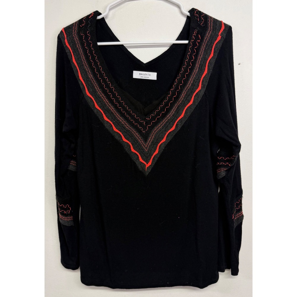 Bailey 44 Womens Black Embroidered V-Neck Long Sleeve Top Large 412-D092